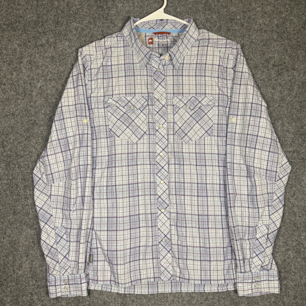 Simms Guide Series Fishing Shirt Mens Large Purple Plaid Long Sleeve Vented